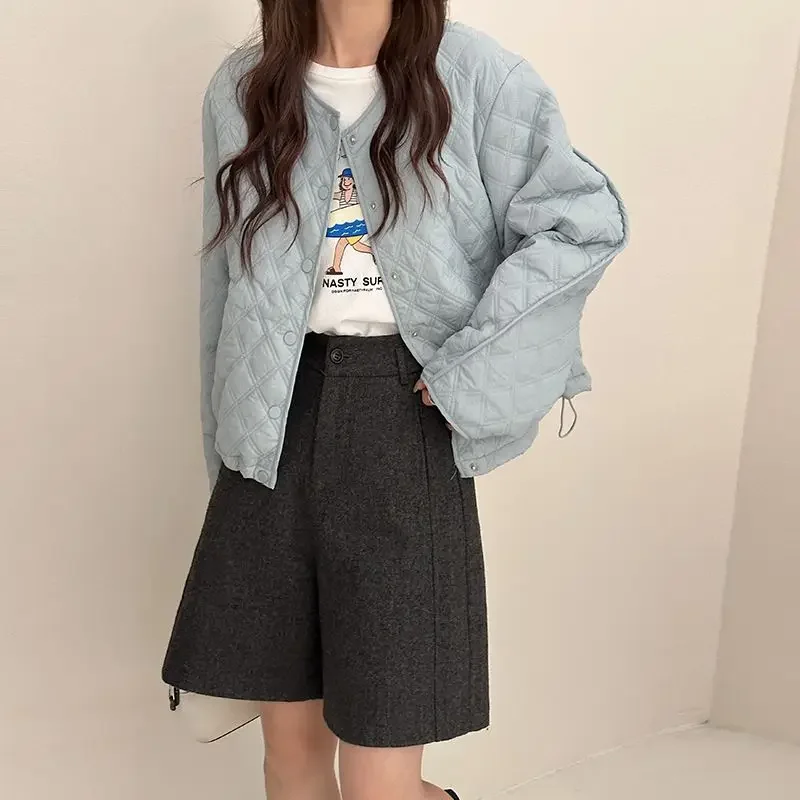 

Korean Style Diamond Pattern Blue Cotton Coat for Women Petite Short Sleeve Quilted Crew Neck Jacket Winter 2025
