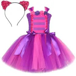 Wonderland Grinning Cat Costumes Girls Purple Hot Pink Magic Smile Cat Tutu Outfit Kids Birthday Halloween Dress Animal Clothes