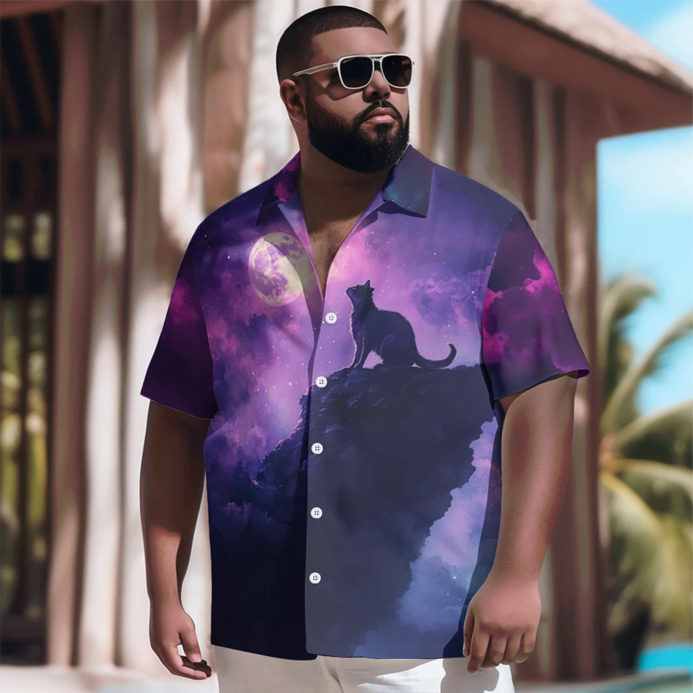 New Hawaiian Shirt Men Goth Men Mysterious Purple Moon Cat Printed Casual Short Sleeve Tops Vintage Plus Size Summer Shirts