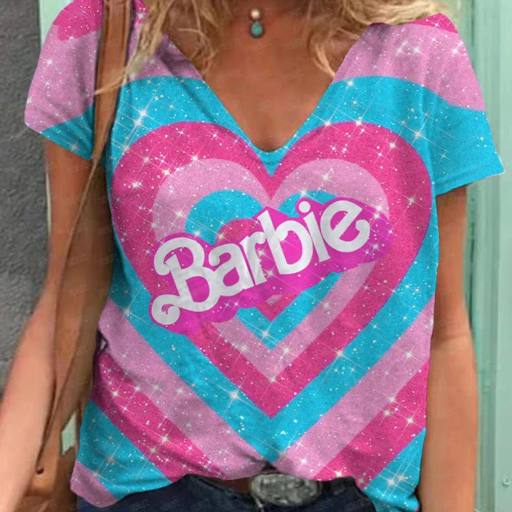 Summer Barbie Princess 3D Printed T-shirt Women's Casual Fashion Street Clothing Short Sleeved V-neck T-shirt Harajuku T-shirt T