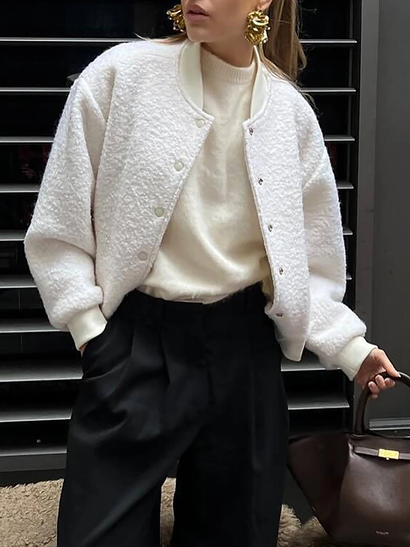 

Women's Winter Fashion Coat Casual Comfortable Plain Button Texture round Neck Long Sleeve Street Daily Jacket