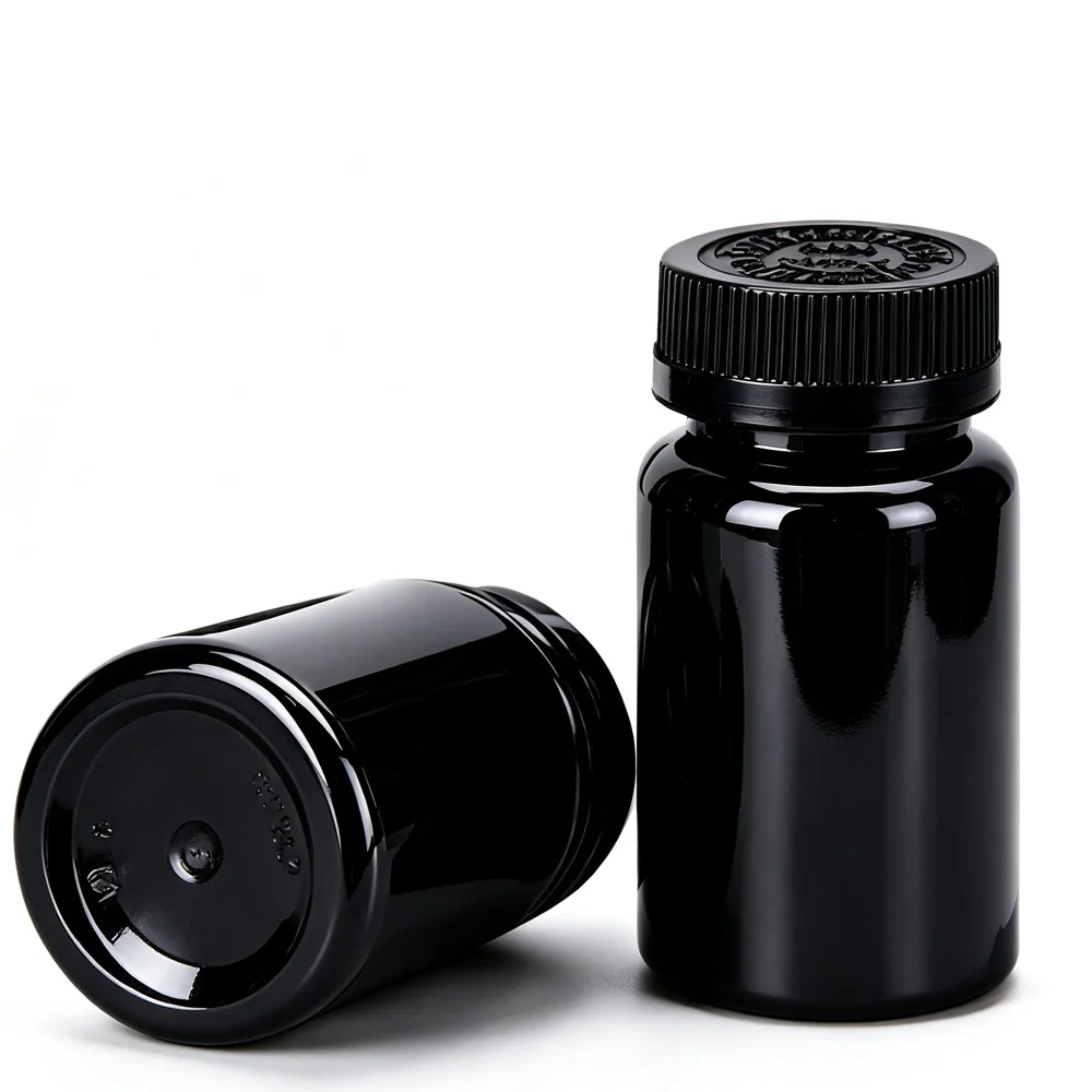 30/50Pcs 100ml-250ml Empty Black Plastic Pill Bottles with Screw CRC Cap Seal Dispenser Containers For Powder Capsule Tablet