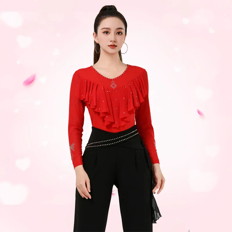 

Jitba топ женский новый квадратный танцевальный костюм с длинными рукавами сетчатая танцевальная одежда с рюшами