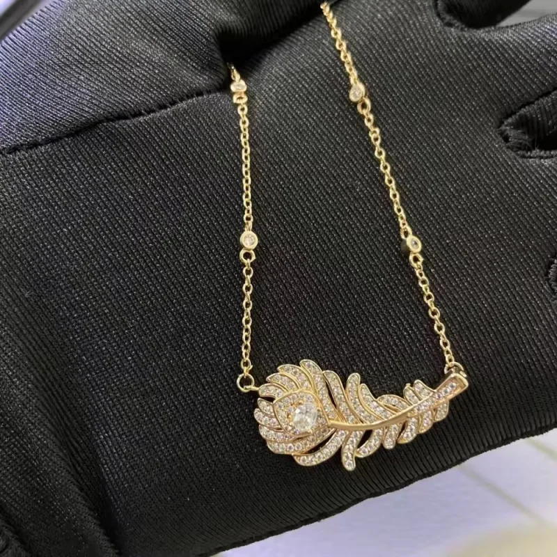 Women's 925 Silver Gold-Plated Diamond Feather Ring Necklace