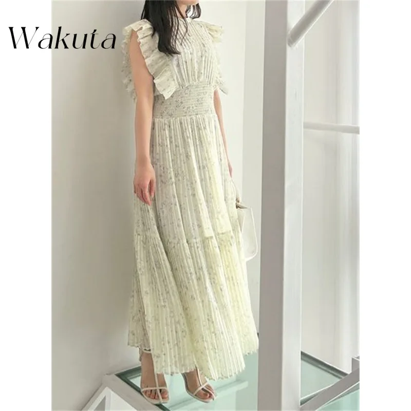 

WAKUTA Japanese Early Spring Sweet Round Neck Button Fly Sleeve Floral Dress Harajuku Retro High Waisted Pleated Chiffon Dresses
