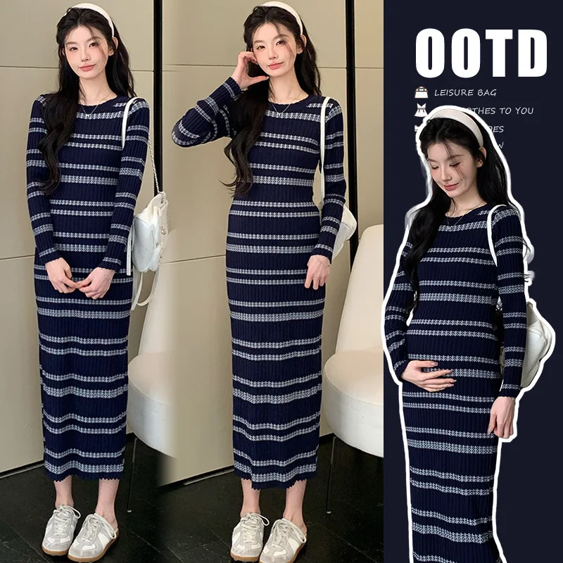 

Elegant French Style Maternity Dress for Pregnant Women Stretch Striped Knit Dress Slim Fit Spring Summer Pregnancy Outfit