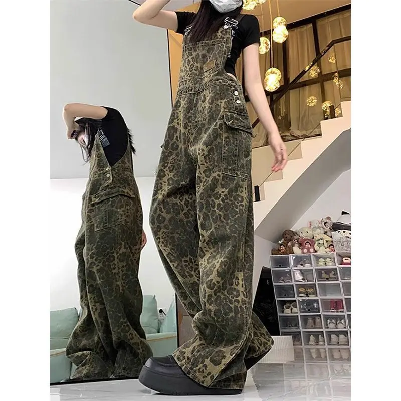 

Retro Street Style Jumpsuit Leopard Print Overalls Hip-hop Punk Handsome Loose Spring and Autumn New Multi-pocket Pants for Wome