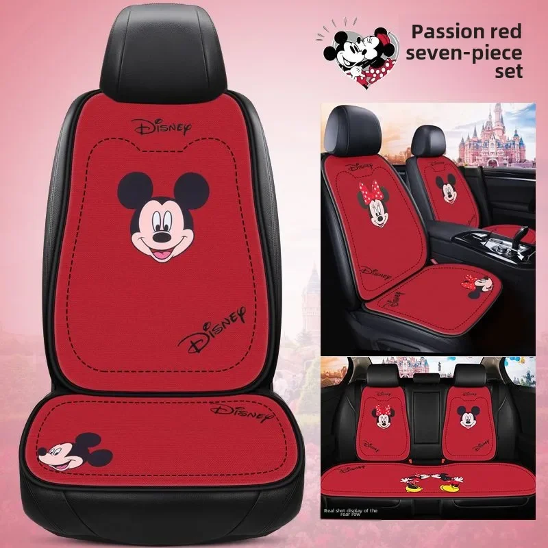 

MINISO Disney Car Seat Cushion Cartoon Mickey Three Piece Set for Women High Quality Linen Four Seasons Universal Accessories