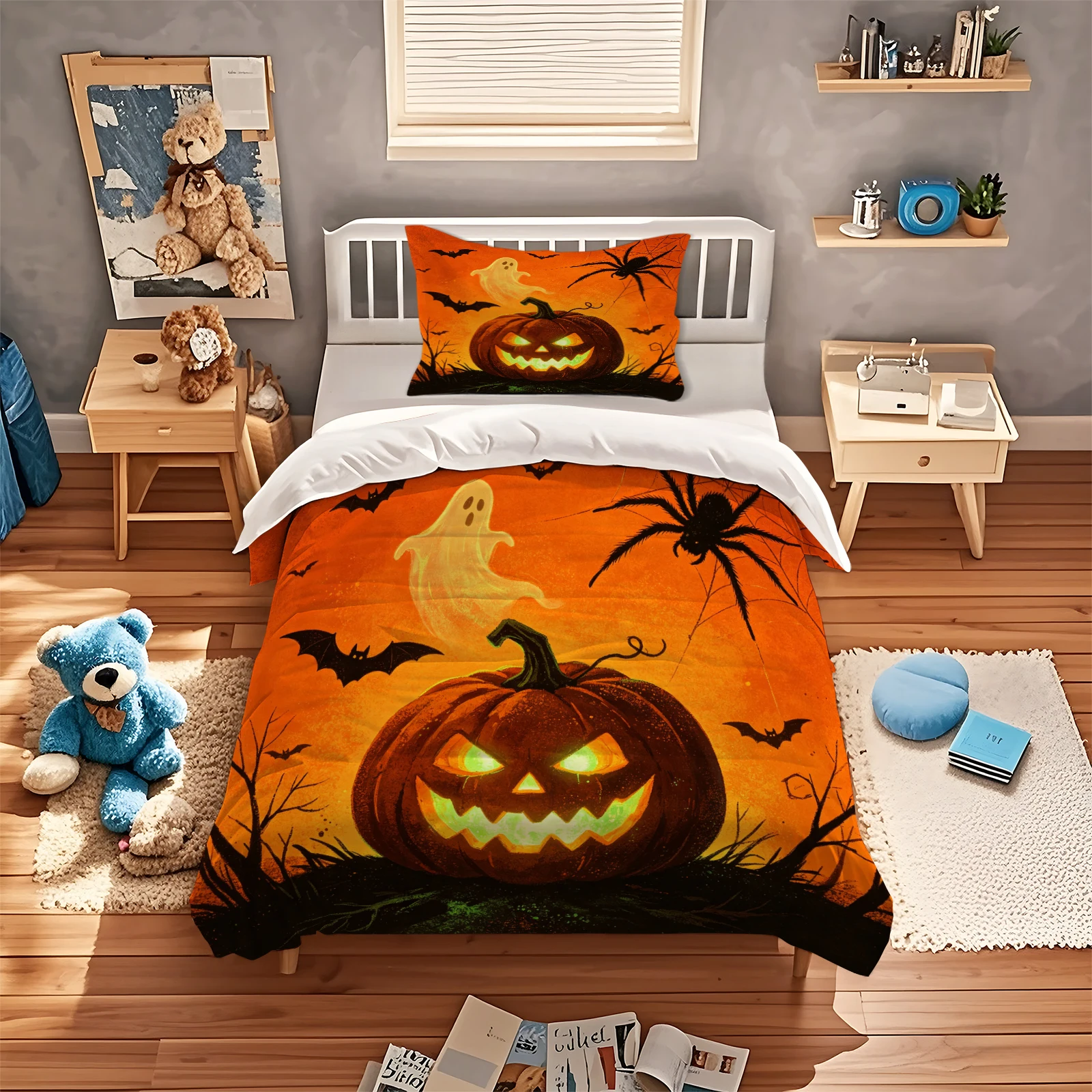 Halloween Scary Pumpkin Duvet‑Cover Set Spooky Ghost Spider Bat Print Bedding Set Polyester Quilt Cover With Pillowcase Holiday