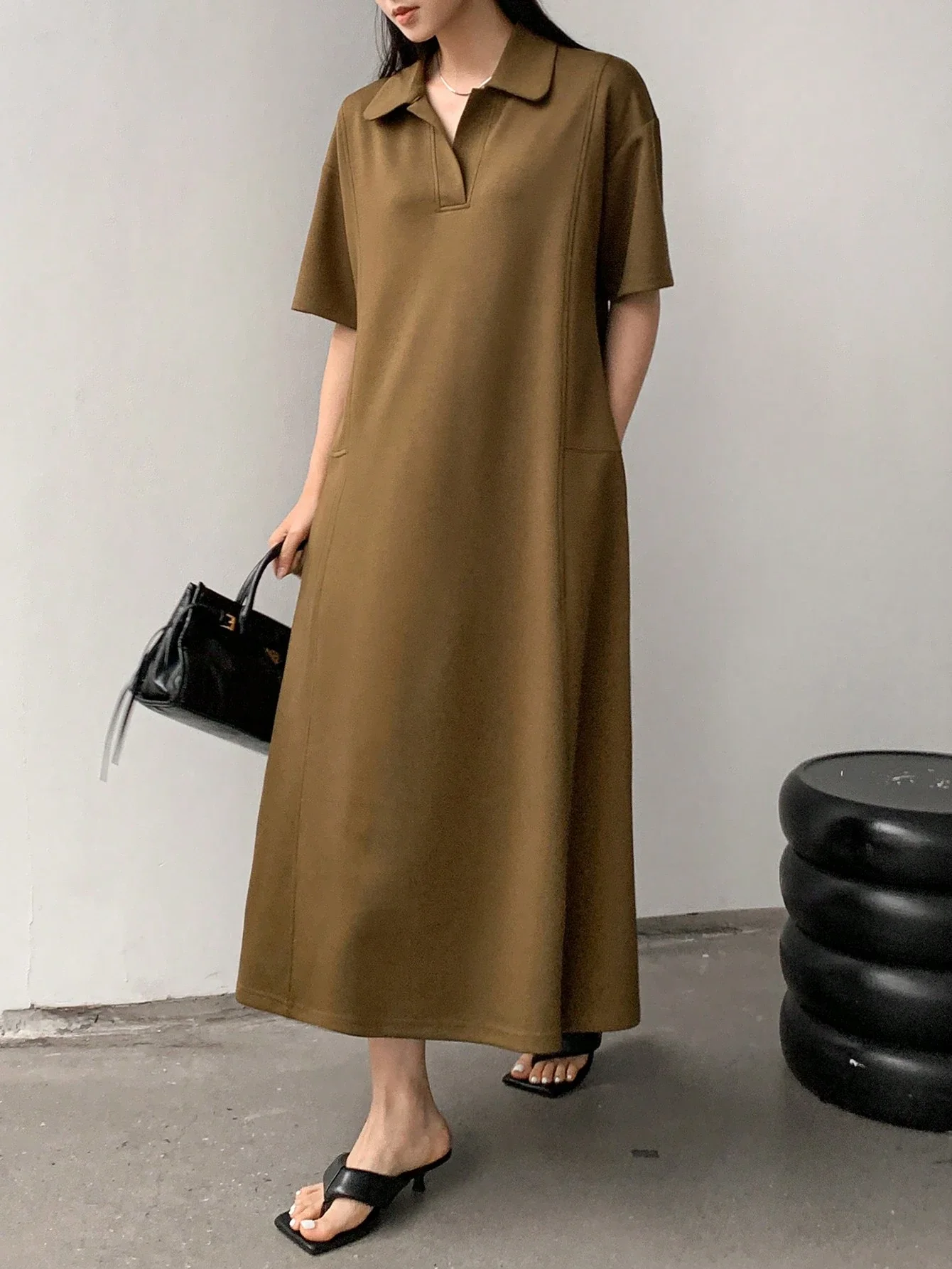 

Повседневное свободное прямое платье миди с воротником-поло для женщин на лето