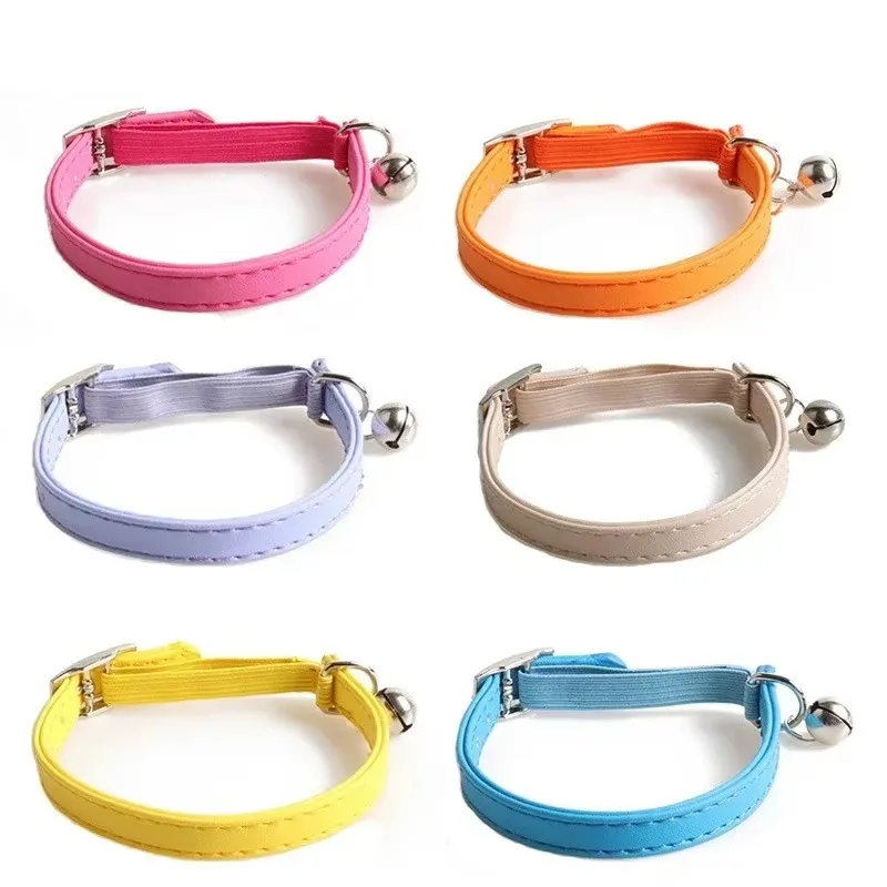 Cute Macaron Color Elastic Webbing Cat Collar Adjustable PU Small Bell Collar for Puppies And Cats