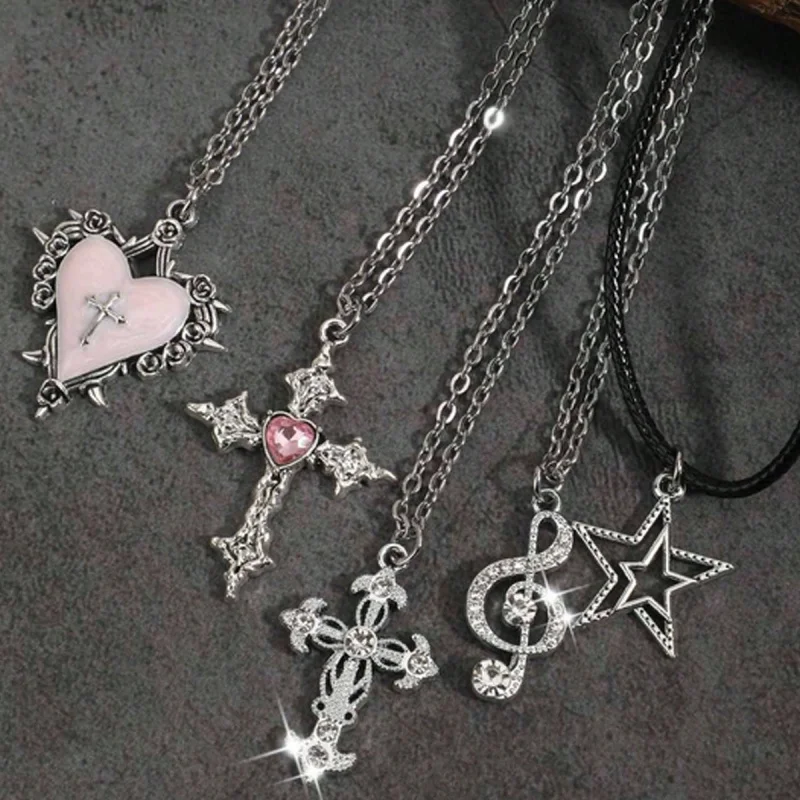5-piece pink heart-shaped cross note star pendant necklace set, silver multi-layer stacked necklace Y2K Gothic women's jewelry