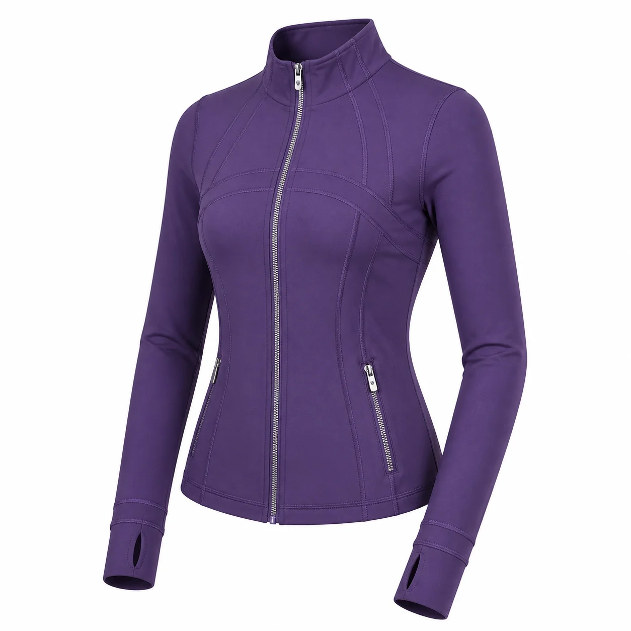 Women's Purple Slim Fit Full Zip Sports Jacket Stand Collar Long Sleeve Thumbhole Workout Running Yoga Outerwear
