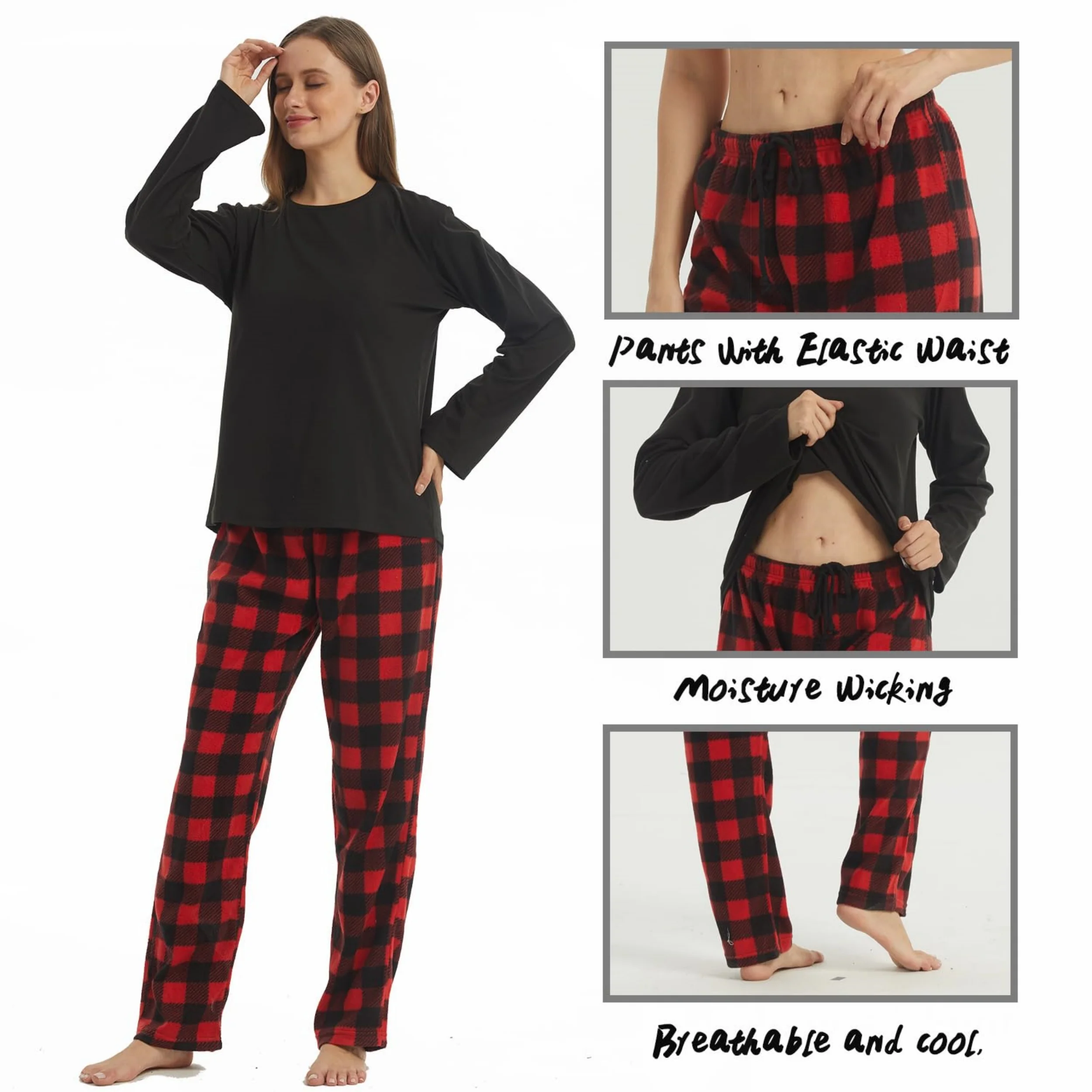 Buffalo Plaid Pajama Set for Women Long Sleeve Soft Warm Fleece Shirt and Pants Sleepwear Set