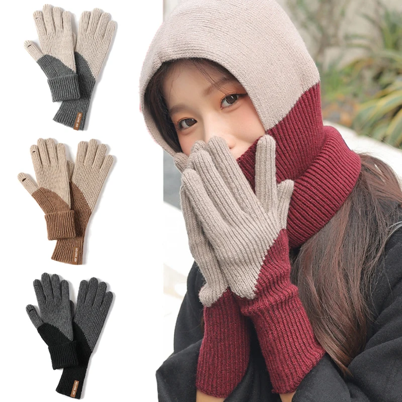 Autumn Winter Wool Gloves Women Korean Retro Color Matching Thickened Warm Knitted Mittens Windproof Touch Screen Cycling Gloves