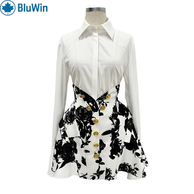 

BluWin Elegant White Shirt Dress – Black Floral Skirt with Gold Button Detail for a Chic, Feminine Look