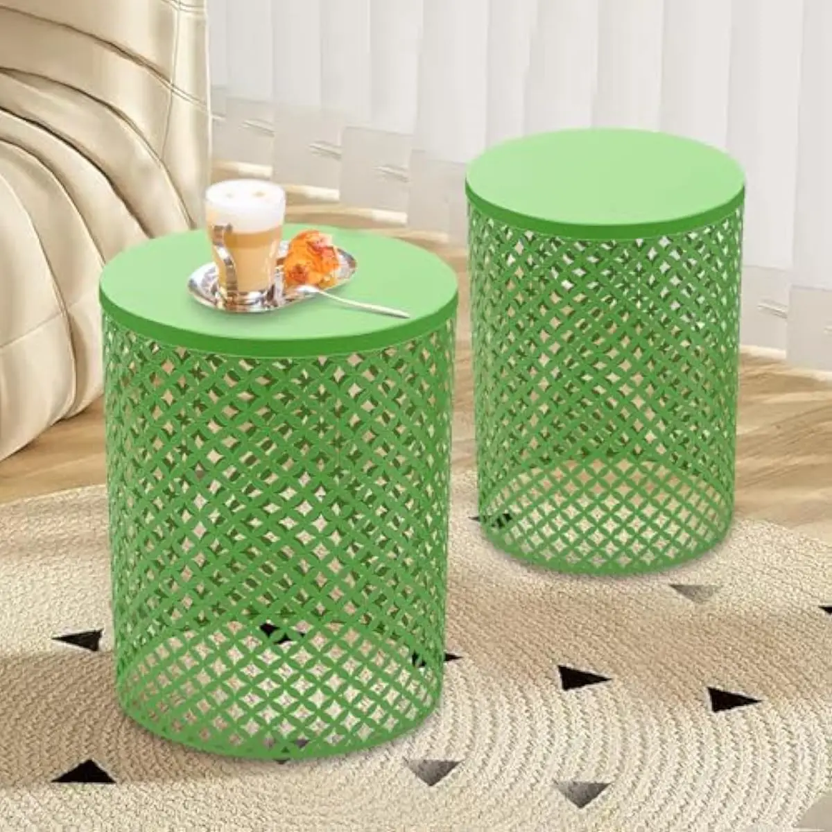 Set of 2 Outdoor Side Table Metal Garden Stool, Heavy Duty Accent End Table Indoor Outdoor for Patio Balcony Bedroom