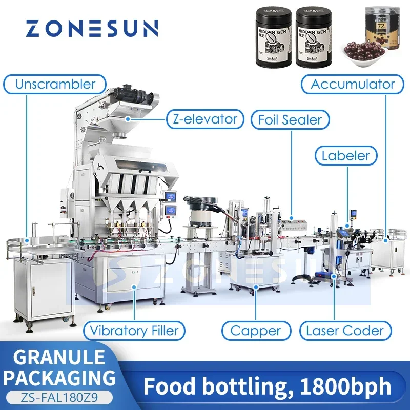 ZONESUN ماكينة تغليف الحبيبات الأوتوماتيكية خط إنتاج تعبئة الجسيمات الحبوب الصلبة ملء الزجاجات السد ZS-FAL180Z9