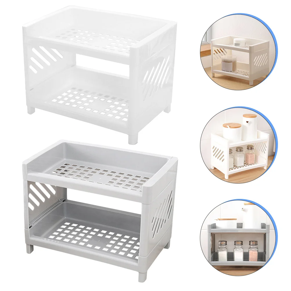 

2Pcs Kitchen Storage Rack Hollow Design Plastic Spice ganizer Dual Layer Shelf Home Pantry Cupboard Counter