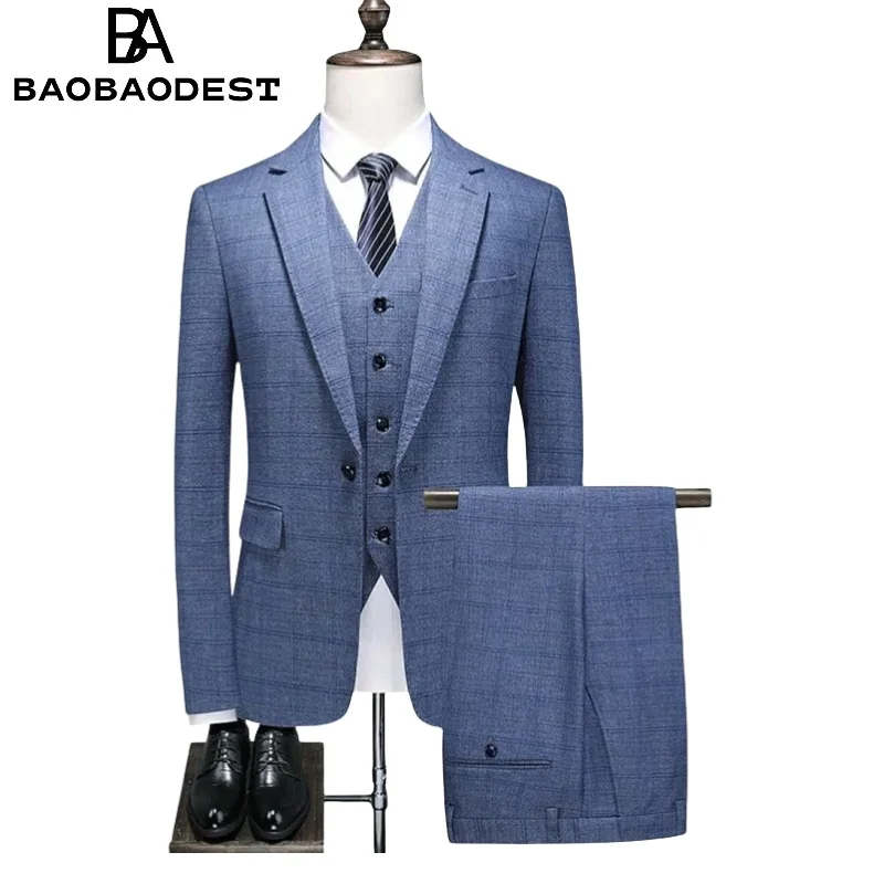

Men's Checked 3-Piece Slim Fit Suit | Casual Groom Tuxedo Set (Blazer+Vest+Pants) for Wedding/Prom/Party Functional Buttons