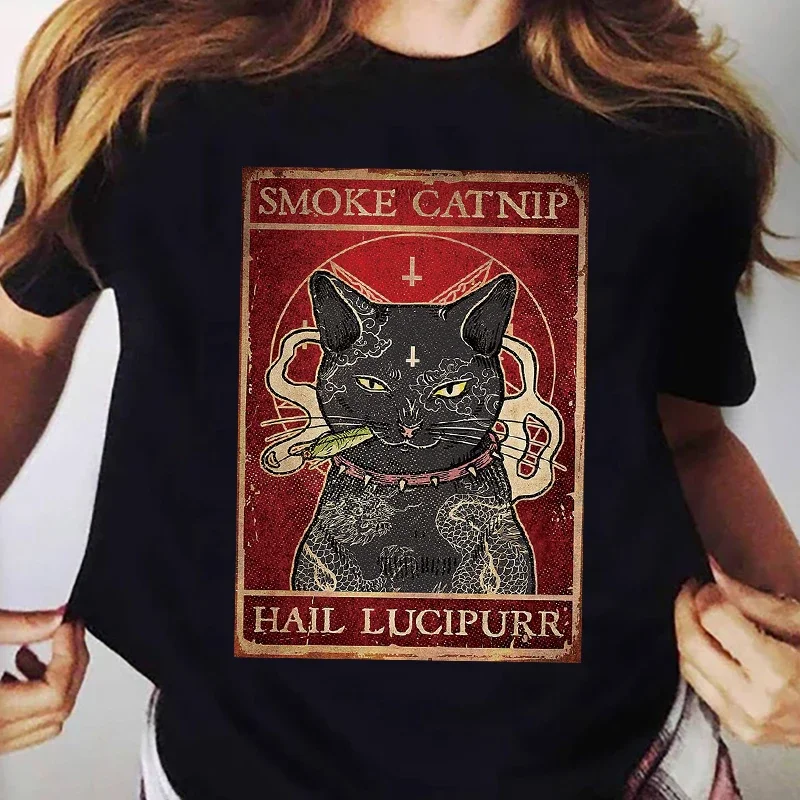 Funny Kawaii Tops Tees Ladies Tshirt 2022 The Tarot Card Cat Women T-shirt Cartoon The Magician Cats Black T shirt femme Tops