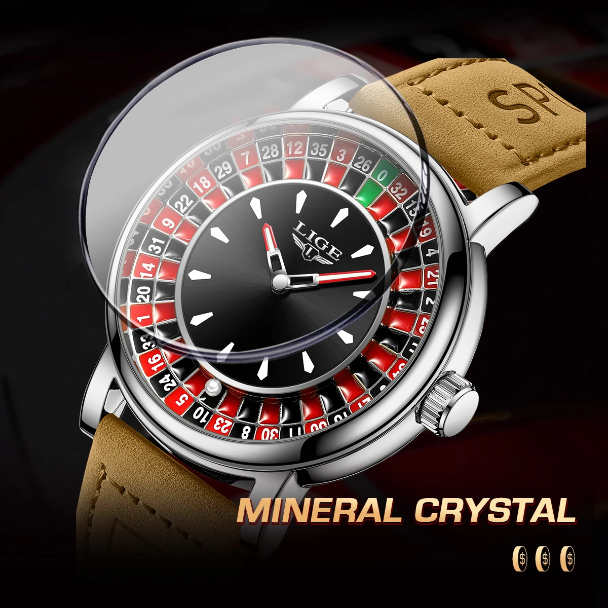 LIGE Fashion Men Watch Rotating Dial Las Vegas Roulette Theme Watch Men Waterproof Luminous Clock Watches Genuine Leather Clock