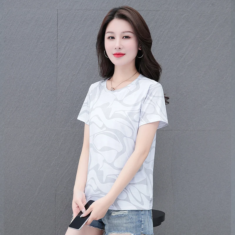 New Women'S Summer Round Neck Quick Drying Ice Silk T-Shirt With Fashionable Printing And Versatile Loose Casual Short Top