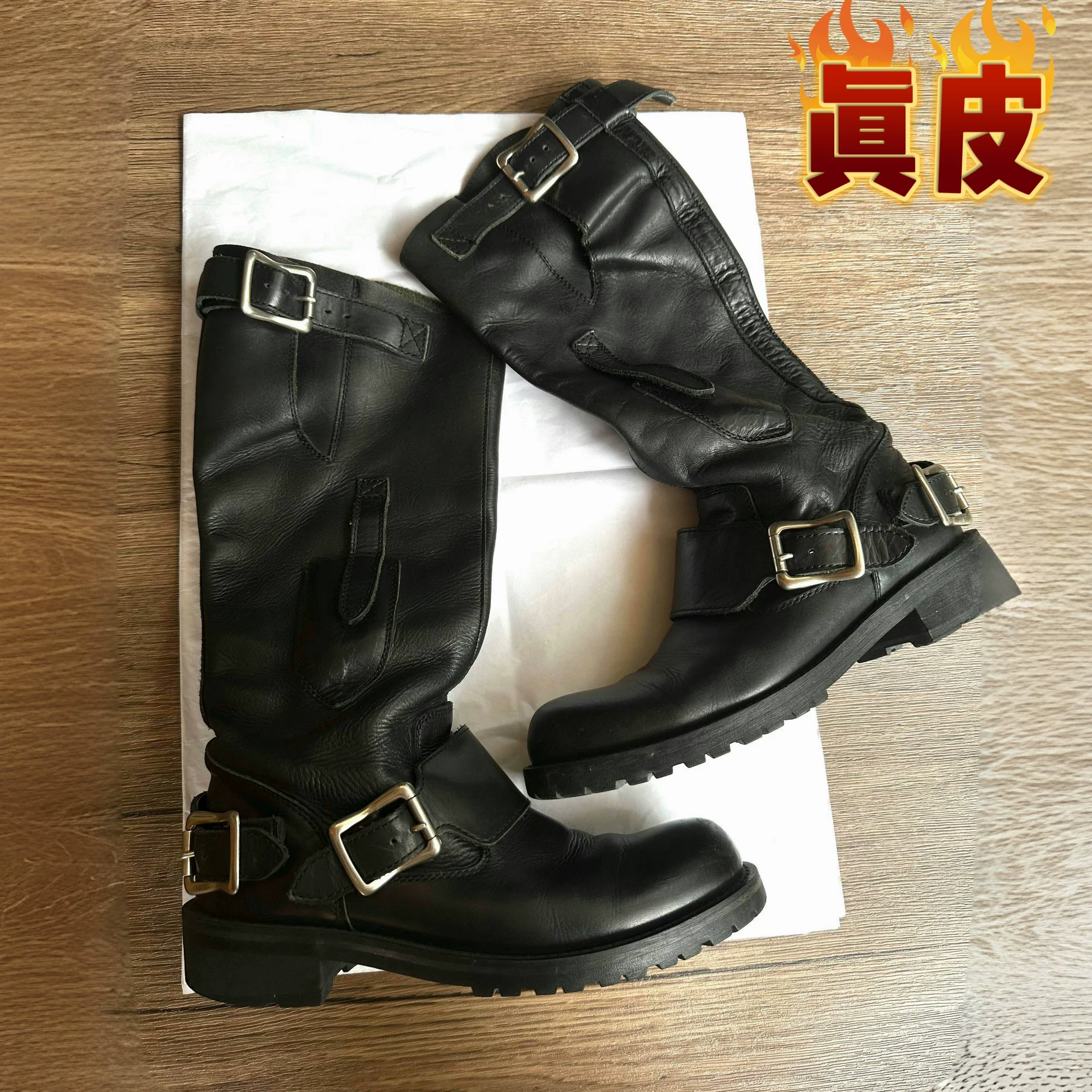 Western Style Genuine Leather High-Cut Knight Boots Women's Mid-Calf Engineer Boots Multi-Layer Belt Buckle Casual Fashion Boots