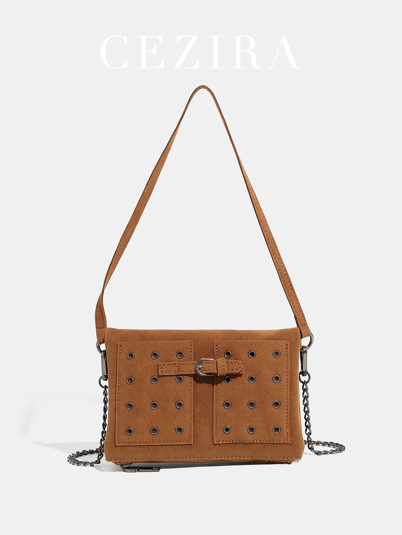 

CR женская модная искусственная замшевая ткань с магнитной застежкой, двойная квадратная сумка на плечо, сумка с люверсами, длинная металлическая цепочка, кошелек