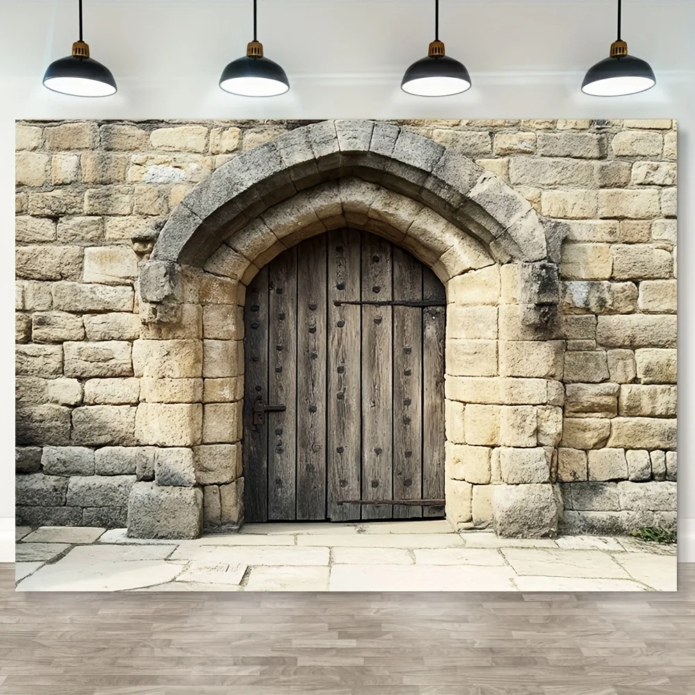 قطعة واحدة من خلفية حائط حجر القدس القديمة - قماش معلق عالي الجودة بتصميم قوس قديم وباب خشبي #1