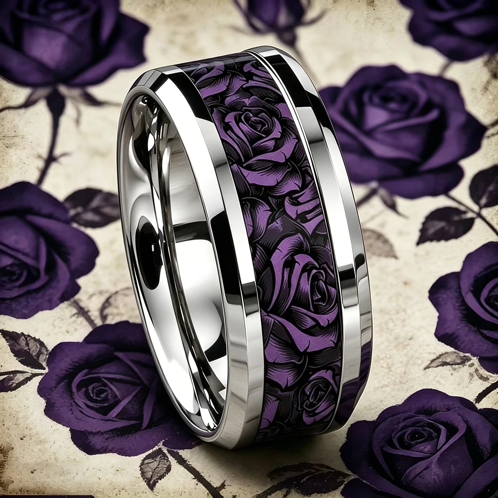 Romantischer Edelstahlring für Damen und Herren mit Dunkelvioletter und Schwarzer Rosenblütenmuster, Gotischer Blumen-Statement-Ehering, Schmuck – Detail 3