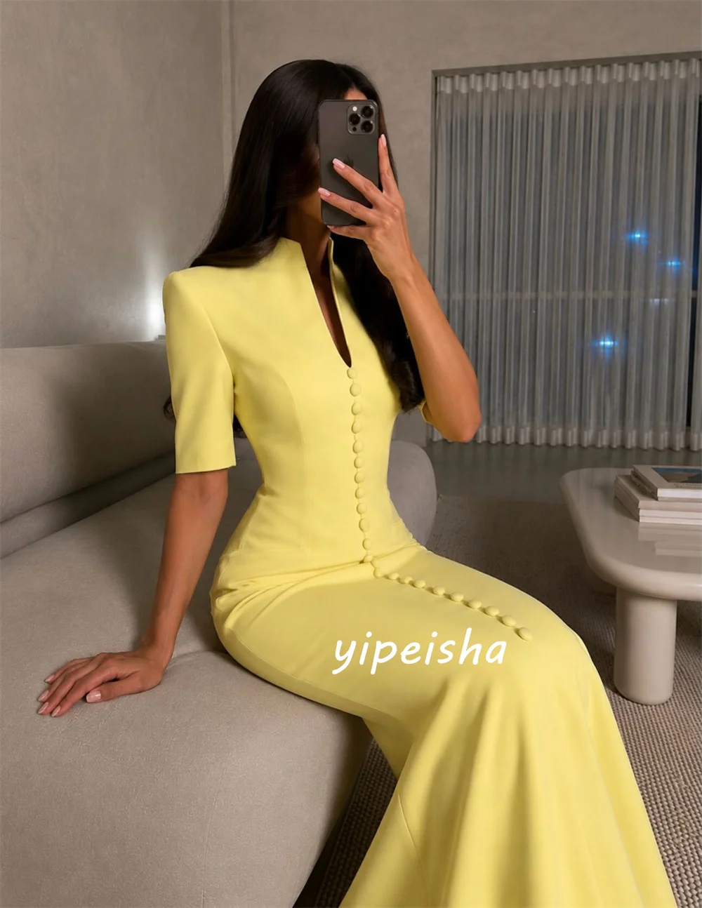 Customized Sizes Available Simple Jersey Button Pleat Mermaid V-neck Floor-Length Evening Dresses For Birthday Party