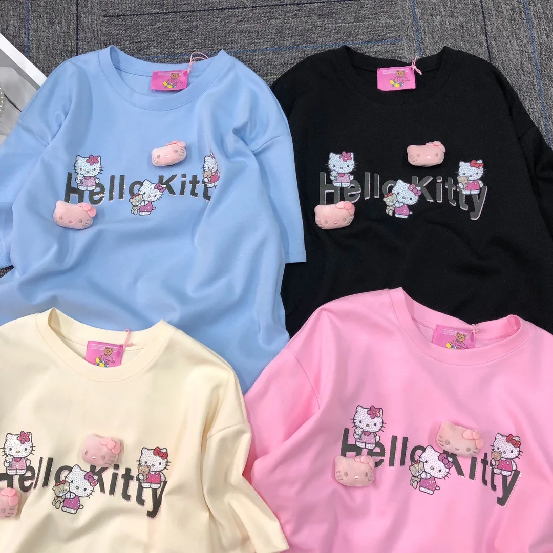 

Cartoon Printed Crew Neck Cotton Top 2025 New Mid-Length Loose Casual Tops Women T-shirts Spring Summer Kawaii Clothing