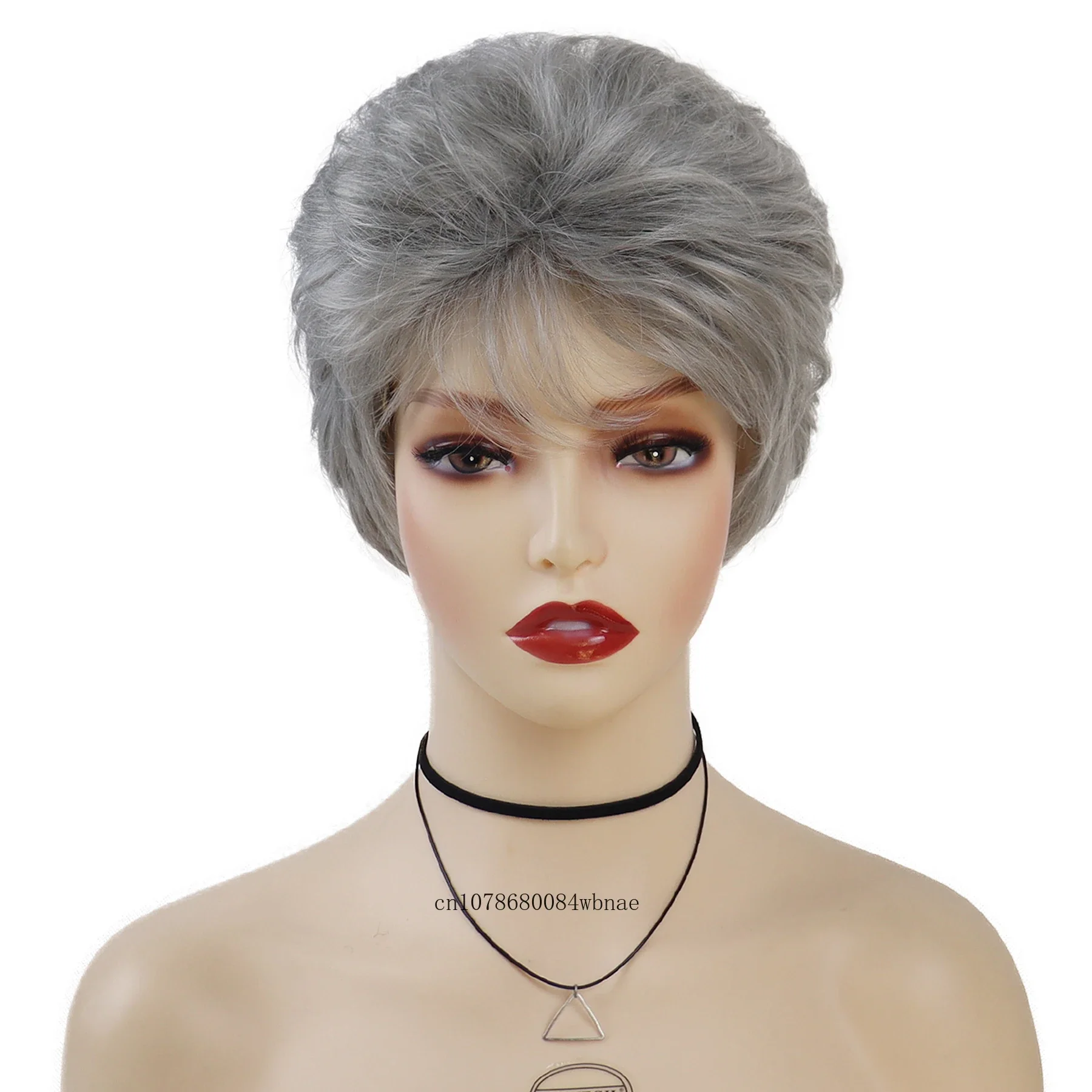 Pixie Cut Layered Synthetic Wig for Women Fluffy Short Grey Wigs with Bangs Old Lady Grandma Wig Daily Party Costume Cosplay Use