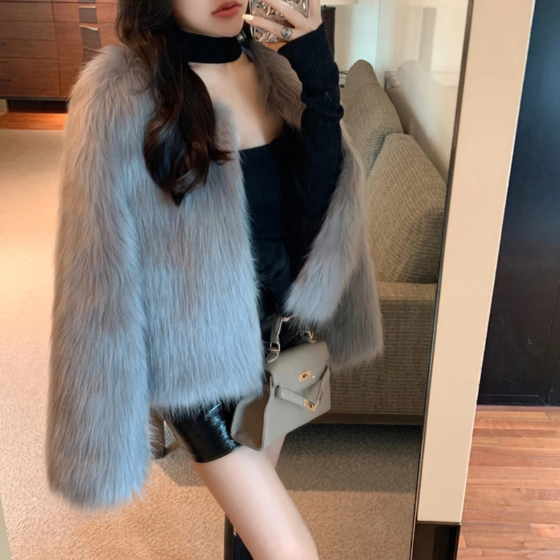 MEXZT Fashion Harajuku Faux Fox Fur Coat Women Winter Korean Slim Leather Jacket Female Casual Natural Color Open Stitch Coat