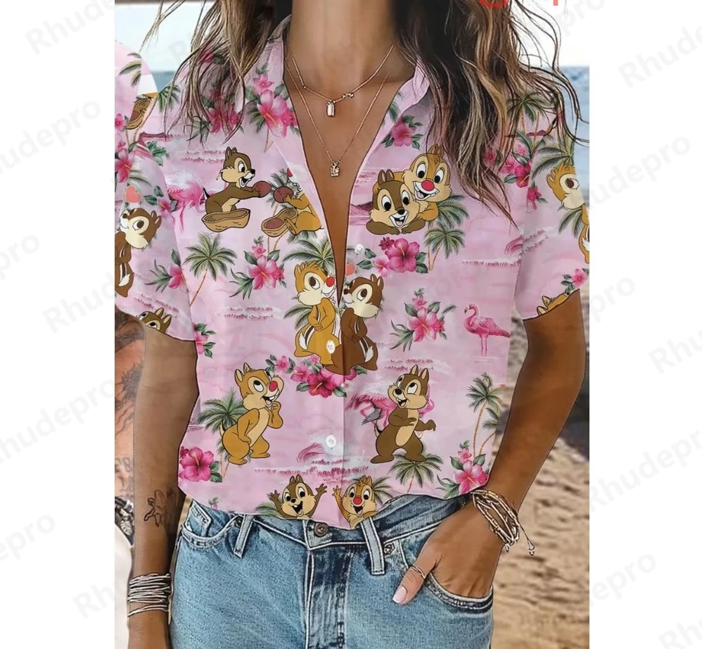 Disney Chip And Dale Hawaiian Shirt Women's Short Sleeve Button Shirt Summer Men's Casual Beach Vacation Sun Protection Shirt