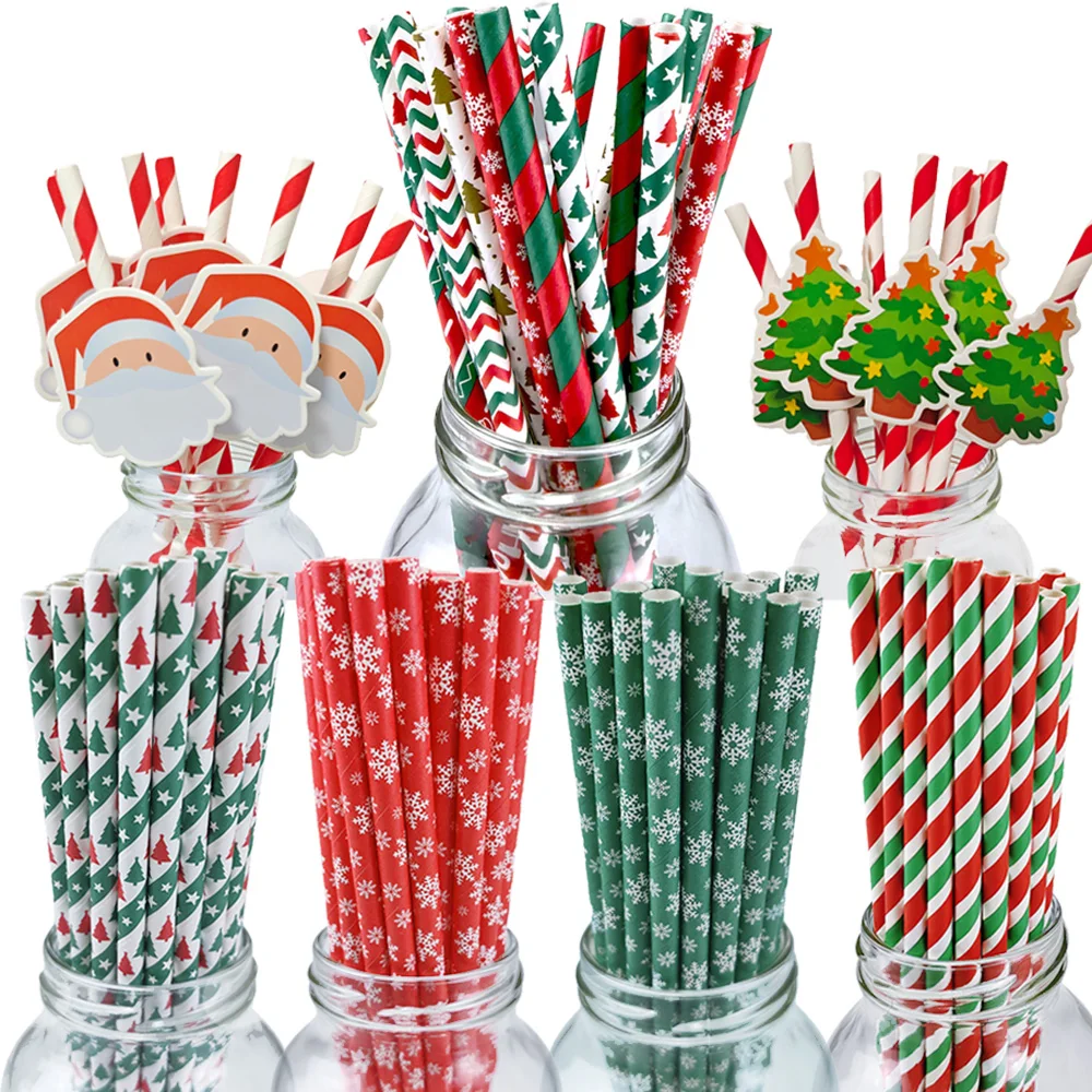 1/2/3 Sets Christmas Paper Straw Christmas Tree Elk Snowflakes Party Biodegradable Drinking Stripe Straw for Xmas Party Favors