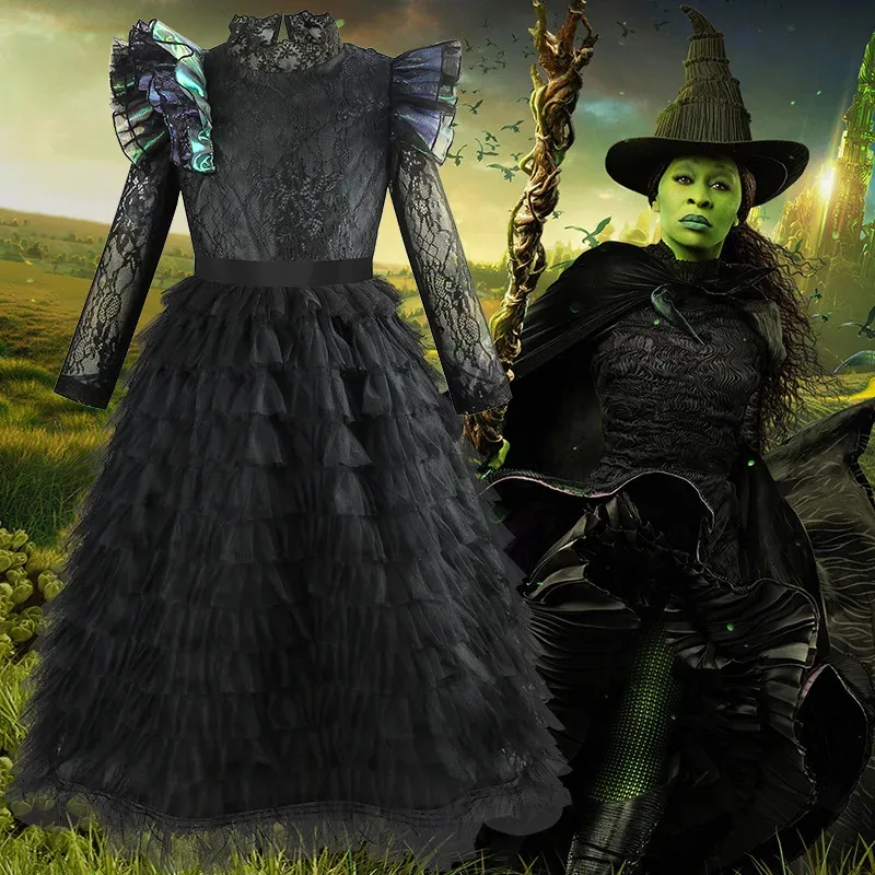 فتاة Elphaba تأثيري فستان الساحرة الشريرة السوداء مع كيب زي أزياء الهالوين حفلة om[8