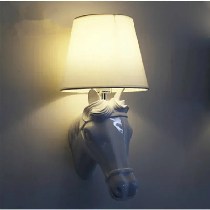 Modern wall lamps Resin gypsum horse head cloth lampshade Creative wall sconce lighting bedroom study room cafe light fixture