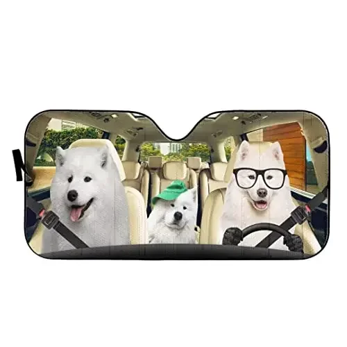 Samoyed Dog Auto Windshield Sun Shade Samoyed Windshield Sun Shade Foldable Dog Print Sunshades for Car SUV Truck to Keep Cool