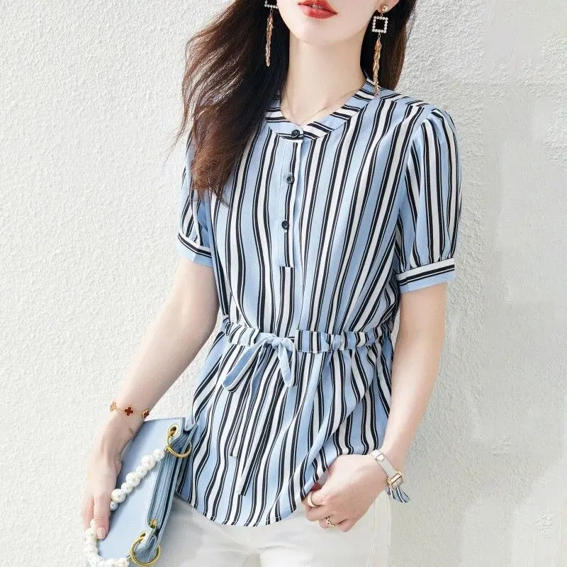

New All Match Women's Summer Outfit Elegant Drawstring Waistband Vintage Striped Shirt Striped Chic Popularity Round Neck Top