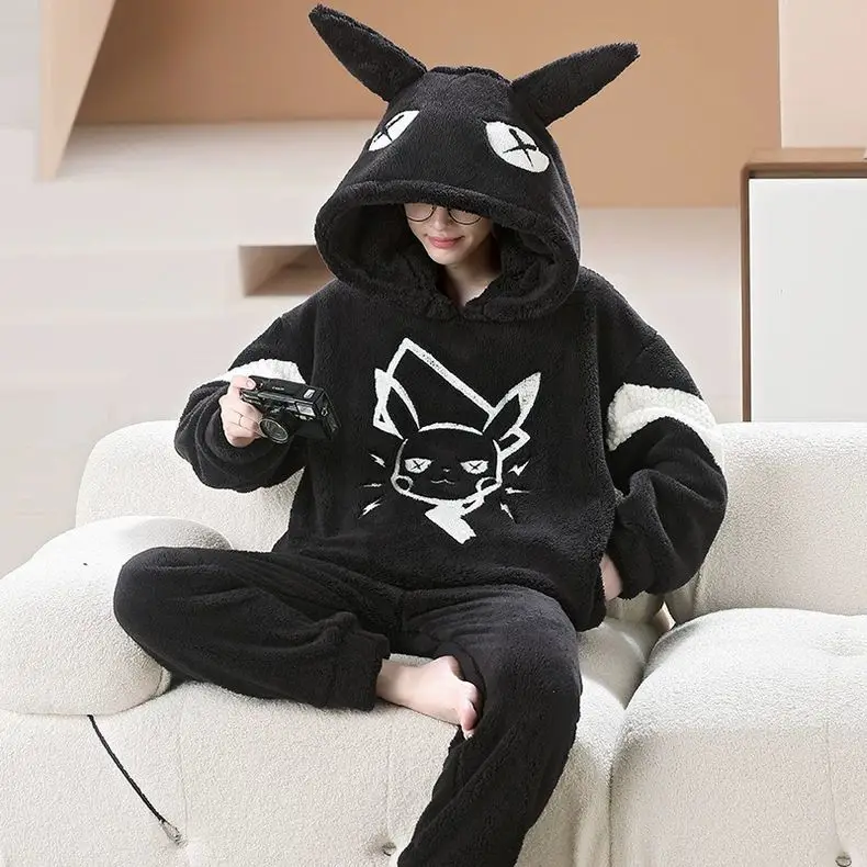 Pikachu Dark Pikachu Hooded Pajama Set Soft Fluffy Coral Fleece 2Pcs Sleep Outfit Ear Design Anime Print Warm Indoor Home Wear