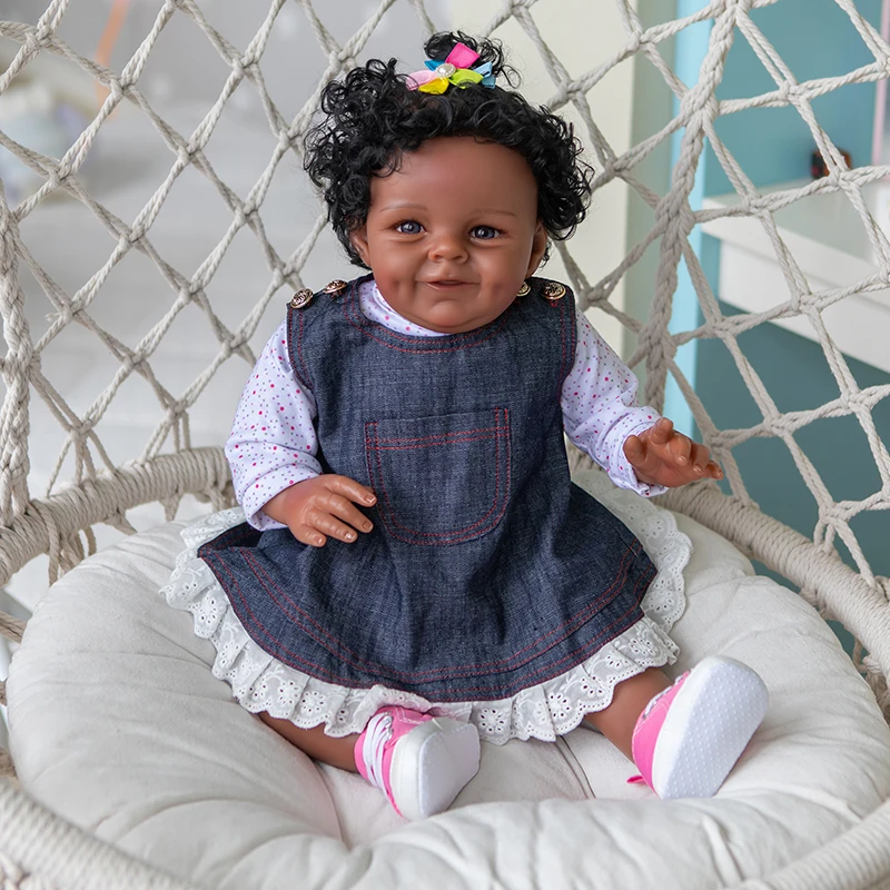 

55CM Reborn Doll Shaya In Dark Brown Skin African American Baby Sweet Face Cute Toddler Girl Doll 3 Month Real Baby Size