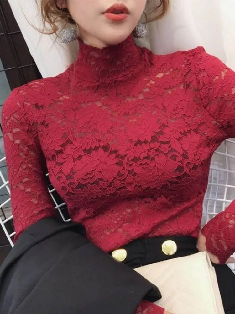 Autumn Women Thin Black Lace T shirt Sexy Turtleneck Long Sleeve Slim Lace Crochet Patchwork Tee Tops