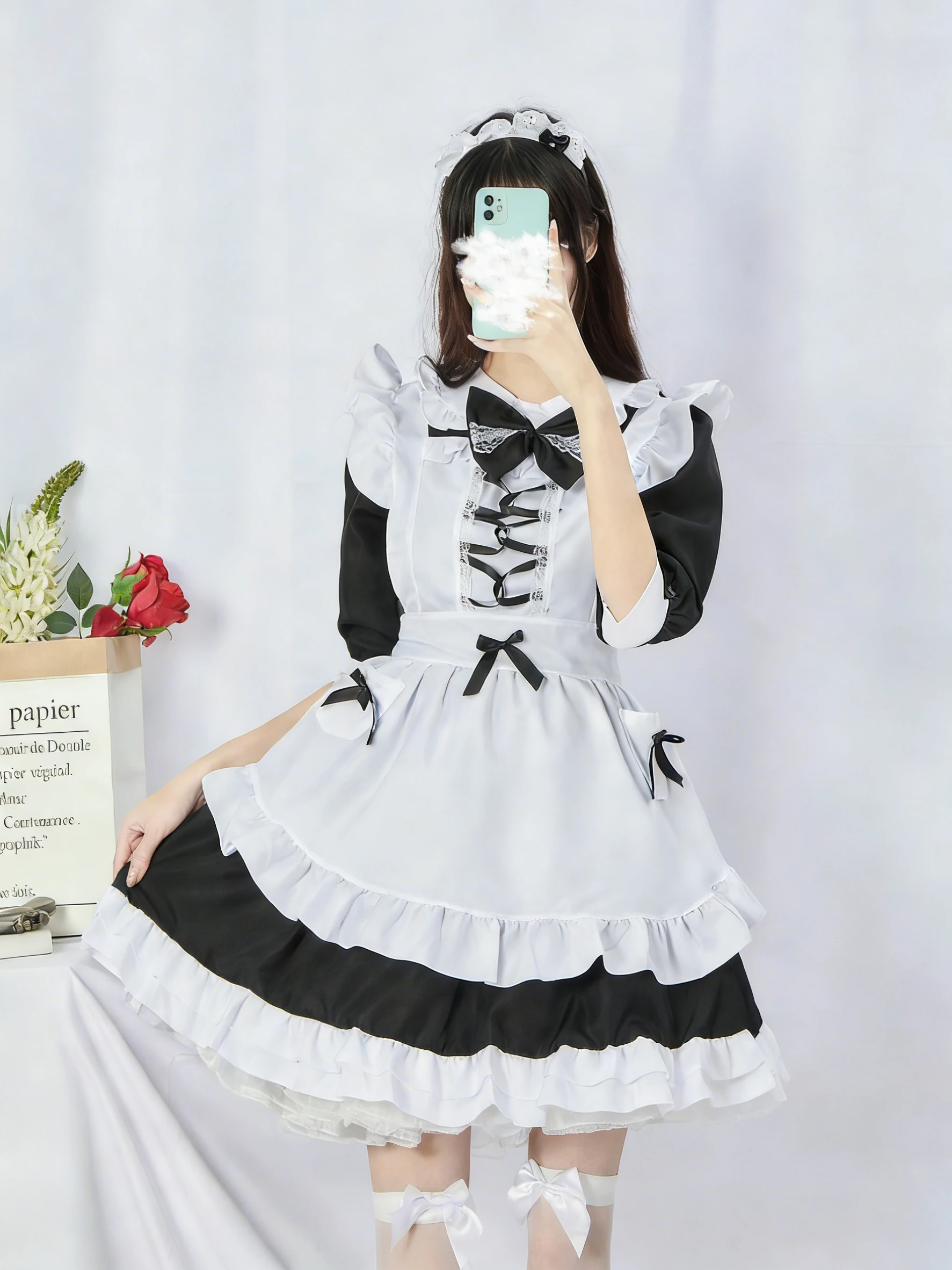 Black White Ruffle Lolita Maid Uniform Polyester Dress With Accessories For Girls Cafe Event Halloween Gathering Cosplay Costume