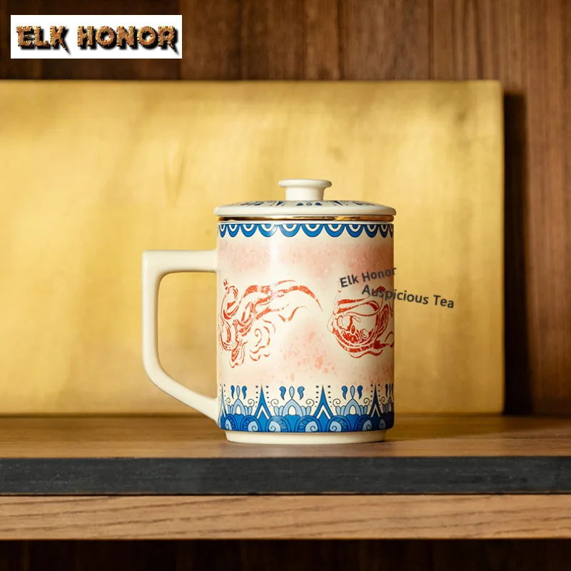 

350ml Chinese Style Dunhuang Feitian Underglaze Red Dusk Mug With Filter Ceramic Tea Cup Household Light Luxury Drinking