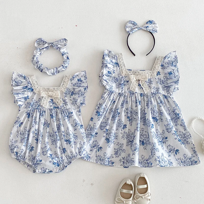 2026 New Summer Sister Clothing 2-7Yrs Baby Girl Party Dress Flying Sleeve Cotton Print Kids Princess Dresses Infant Baby Romper