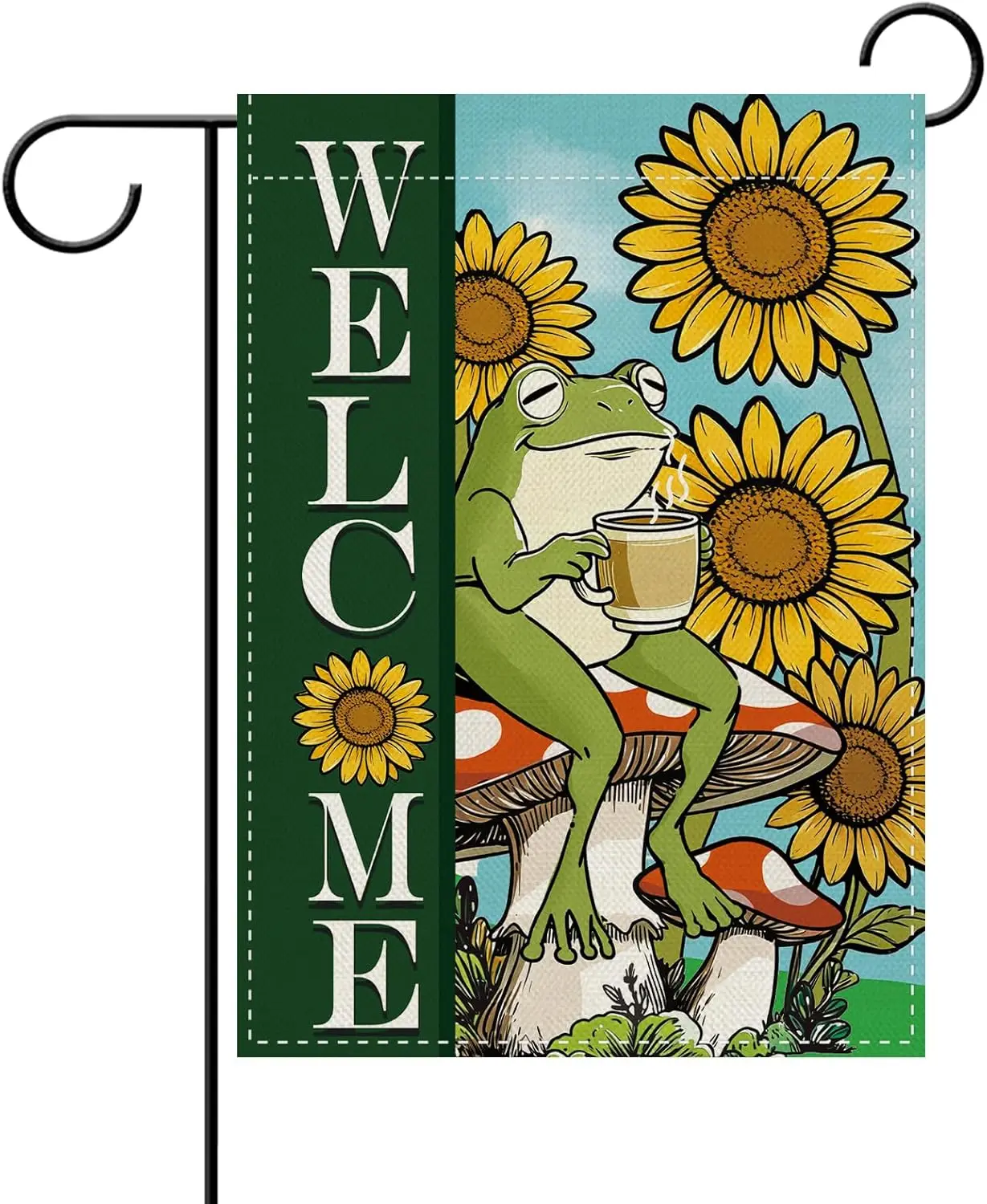 Dyrenson Funny Frog Sunflower Welcome Decorative Garden Flag, Spring Summer Flower Mushroom Yard Outside Home Decoration, Fl AAS