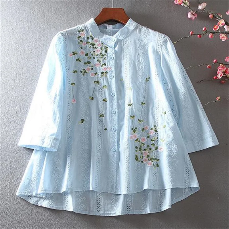 Literature Embroidery Blouses Women Shirt Loose Pure Cotton Shirt For Women Cardigan Thin Blusas Top Chinese Style Female Blouse