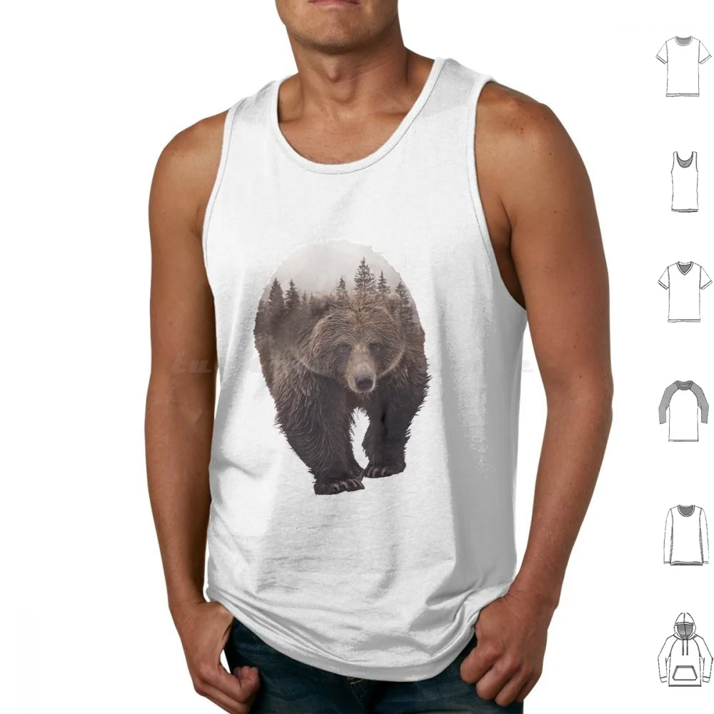 Double Exposure Brown Bear Tank Tops Print Cotton Bear Grizzly Grizzly Bear Brown Bear Bear Lover Double Exposure Double